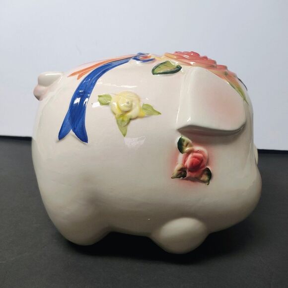 Piggy Bank Kitschy Cute Floral Big Eyed and slightly angry little Pink Pig - Picture 7 of 11